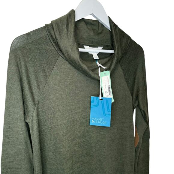 NWT Market & Spruce Marven Olive Green Top Marled Knit Elbow Patch Cowl Neck S - Picture 3 of 10